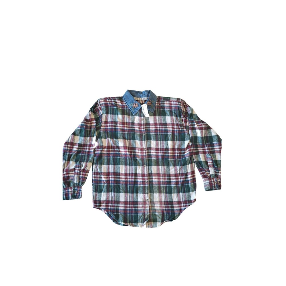 Jane Ashley Flannel Shirt Womens Medium Plaid Denim Collar Pinecone Embroidered